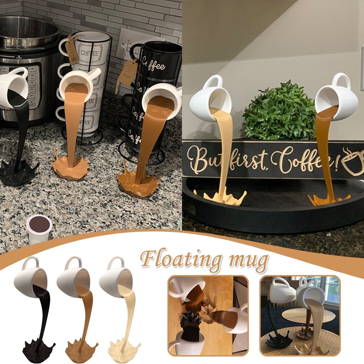 Floating Coffee Cup Sculpture – Creative Pouring Coffee Mug Ornament for Kitchen & Home Décor