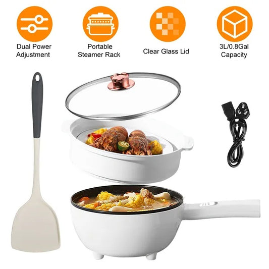 Electric Hot Pot & Frying Pan – Dual Power Control, Non-Stick, Portable Noodle Cooker